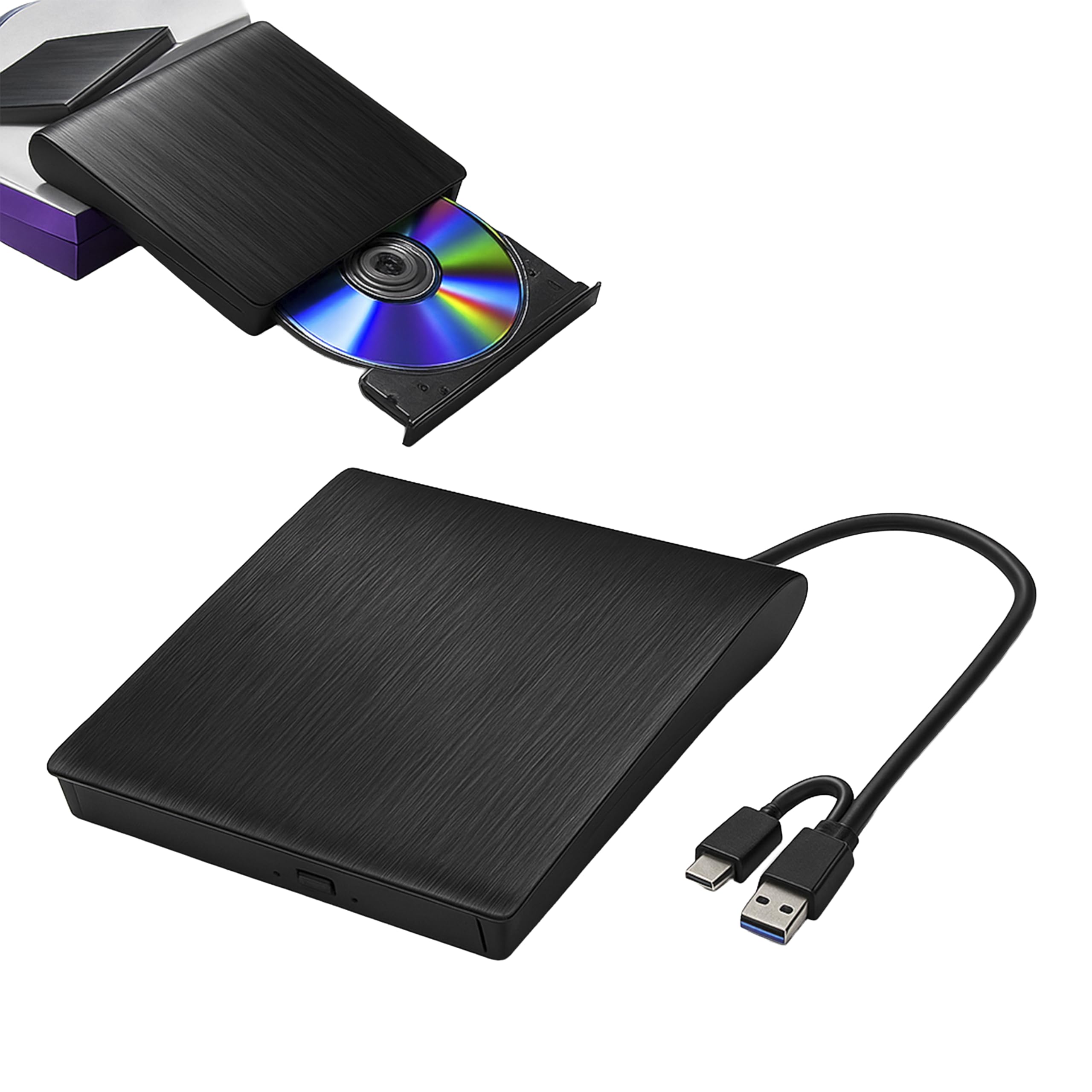外付けDVDドライブ 高速読取・書込対応 8X DVD & 24X CD バスパワー給電 USB 2.0/3.0 & Type-C両対応 光学ドライブ コンパクト設計 (ブラック)