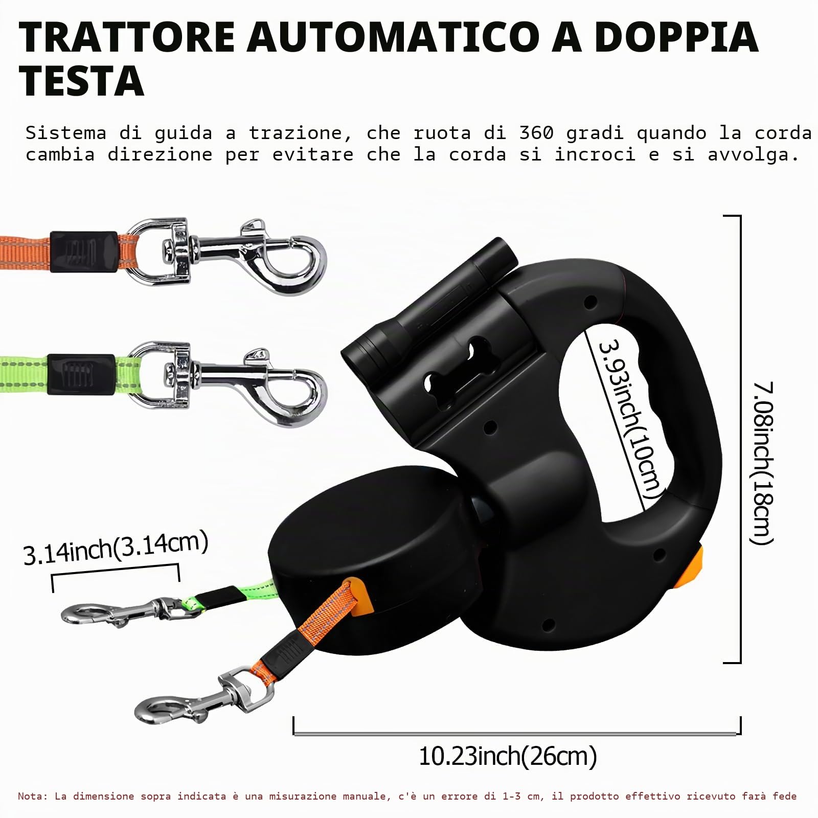 Guinzaglio doppio per 2 cani, flessibile retrattile, doppio guinzaglio con luce LED, guinzaglio per cani da 3 m, guinzaglio per cani allungabile con comoda impugnatura ergonomica, rullo, guinzaglio