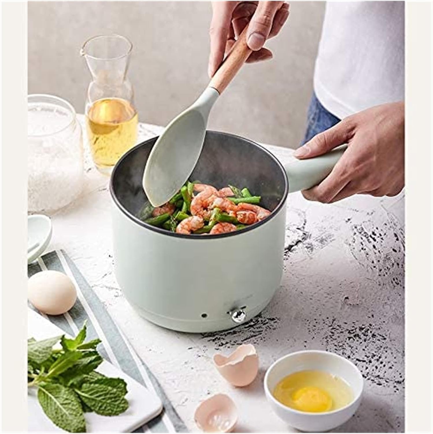 1.2L Electric Hot Pot, Noodle Cooker, Mini Hot Pot, Egg Cooker, Stainless Steel Hot Pot, 110V 600W - for Boiling Water, Eggs, Cooking, Noodles(Green)