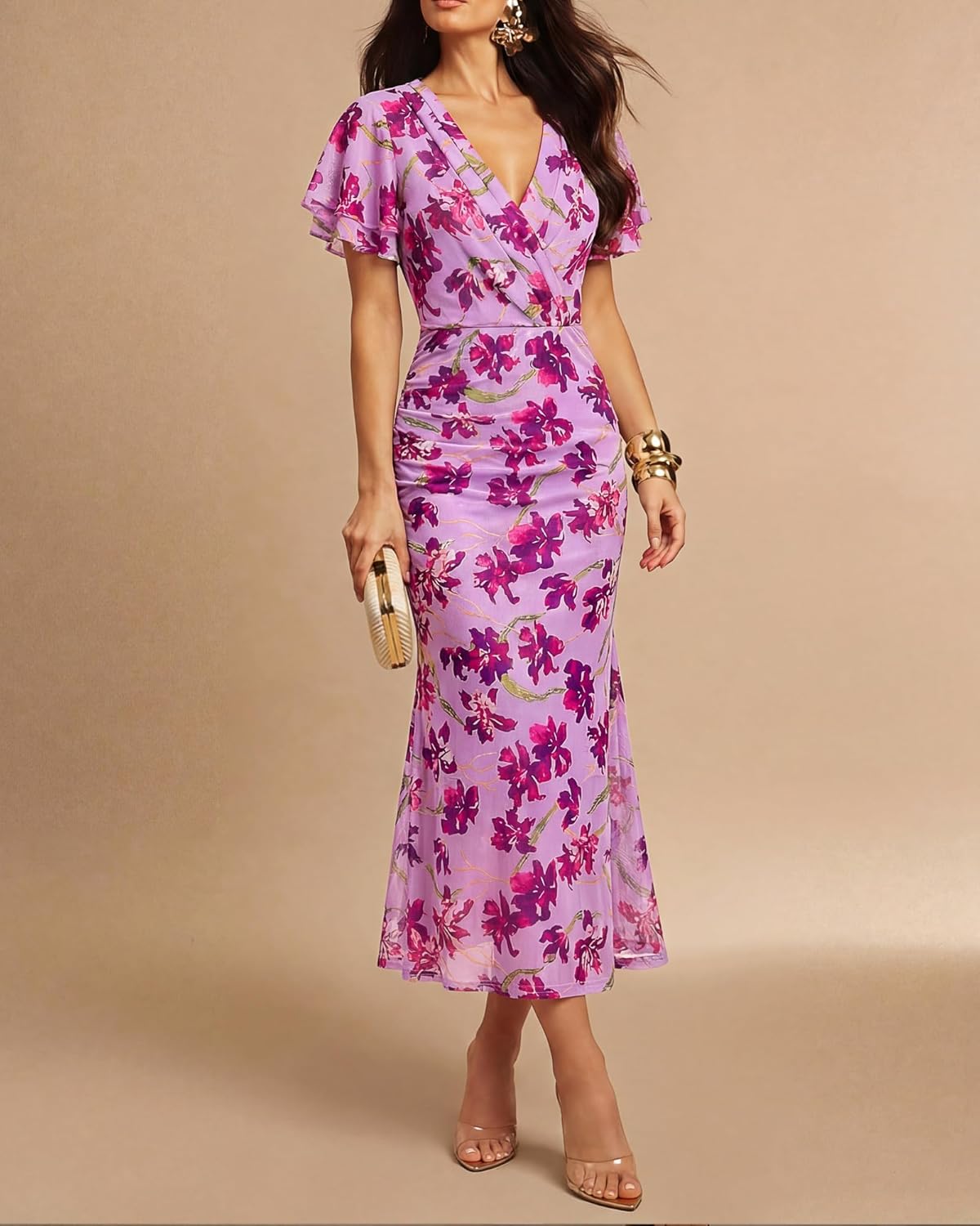 Gaharu Women's Summer Floral Bodycon Maxi Dress 2026 Ruched Mesh Ruffle Sleeve Spring Wedding Guest Cocktail Party Dresses