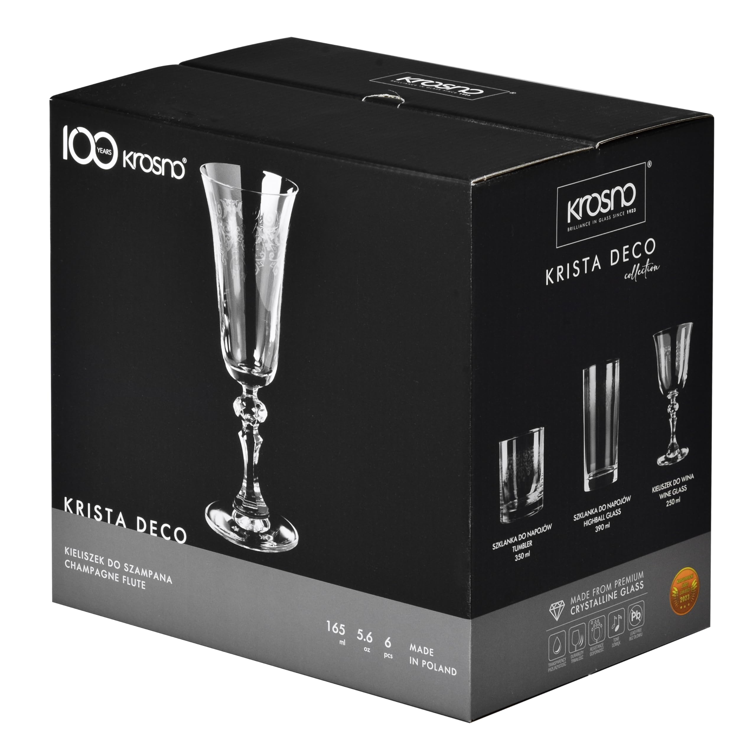 Krosno – Flûtes à Champagne et Prosecco 165 ml – Lot de 6 – Collection Krista Deco – Cristal Sans Plomb – Design Classique avec Motif Transparent