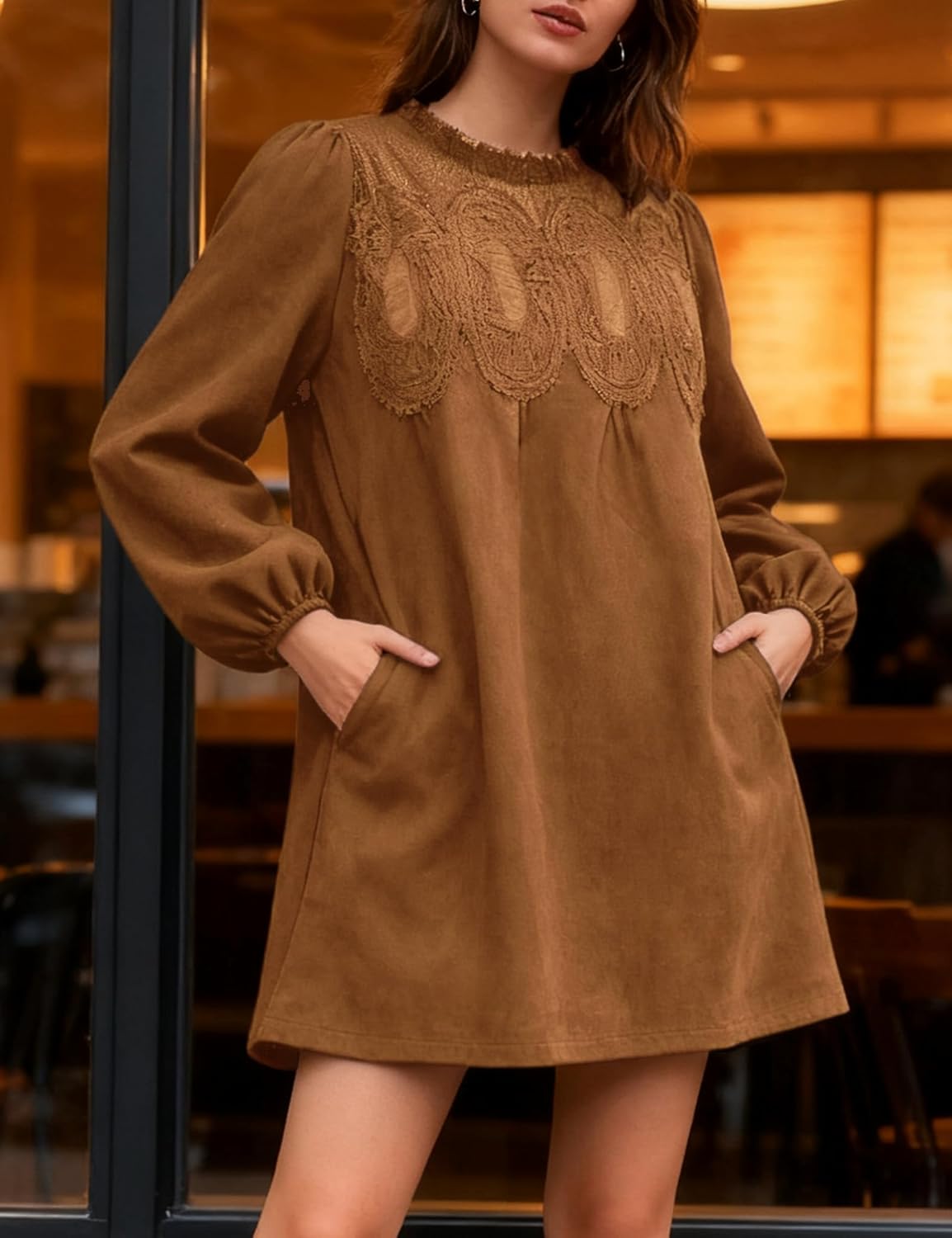 Athlisan Women's Fall Mini Dress Long Sleeve Faux Suede Lace Babydoll A-Line Swing Dress with Pockets(Brown-L) - Image 2