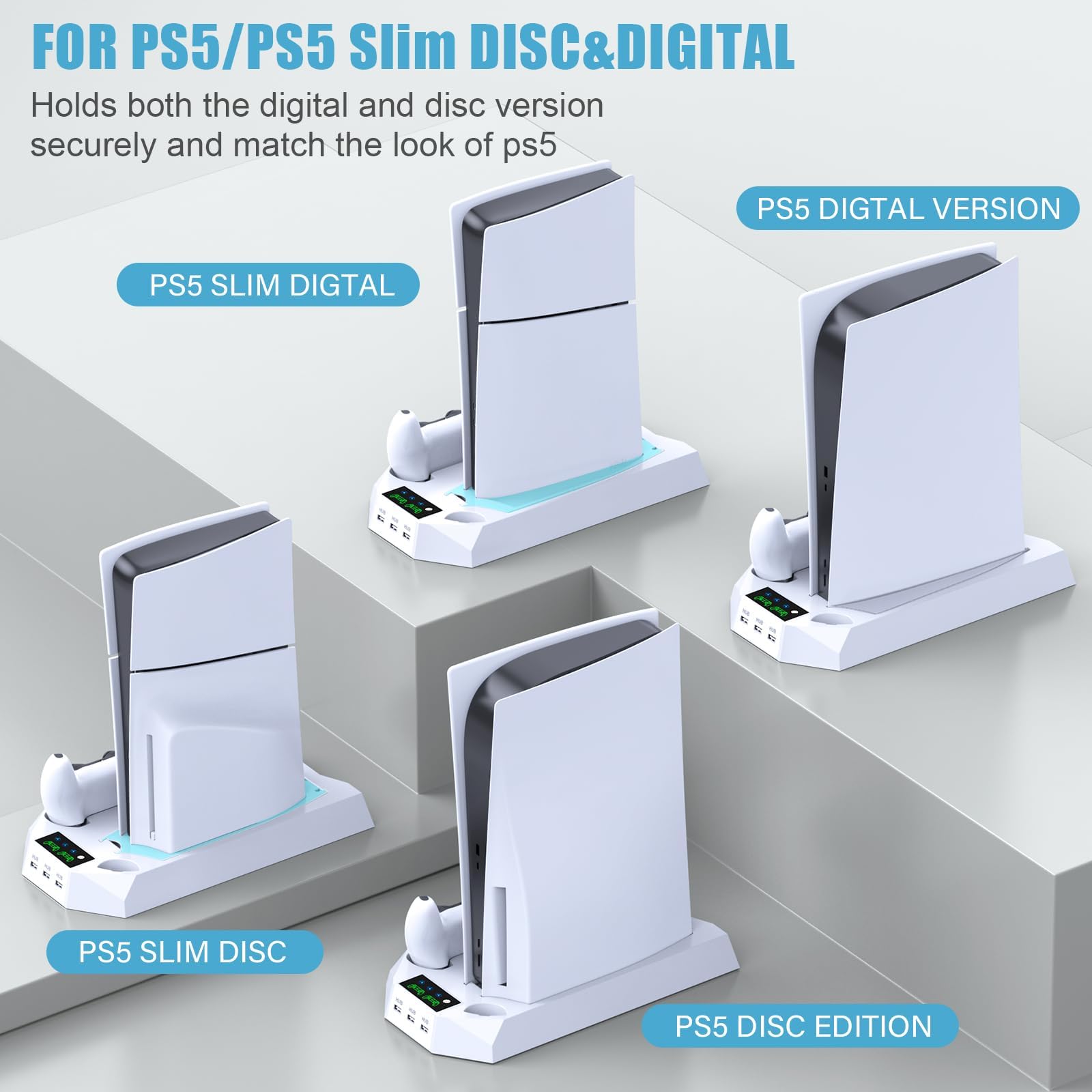 PS5 Support fin et station de refroidissement avec contrôleur pour Playsation 5 Slim&Standard Disc/Console numérique, accessoires PS5 avec chargeur/ventilateur turbo/3 concentrateurs USB/support pour
