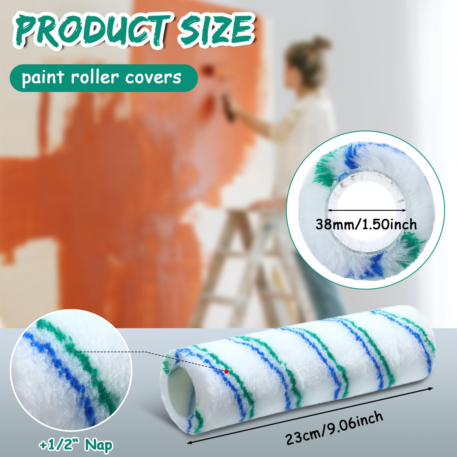 Lot de 24 housses de rouleau de peinture en polyester de 22,9 x 1,9 cm pour peinture, murs, plafonds, fournitures de peinture d'intérieur (vert, bleu)