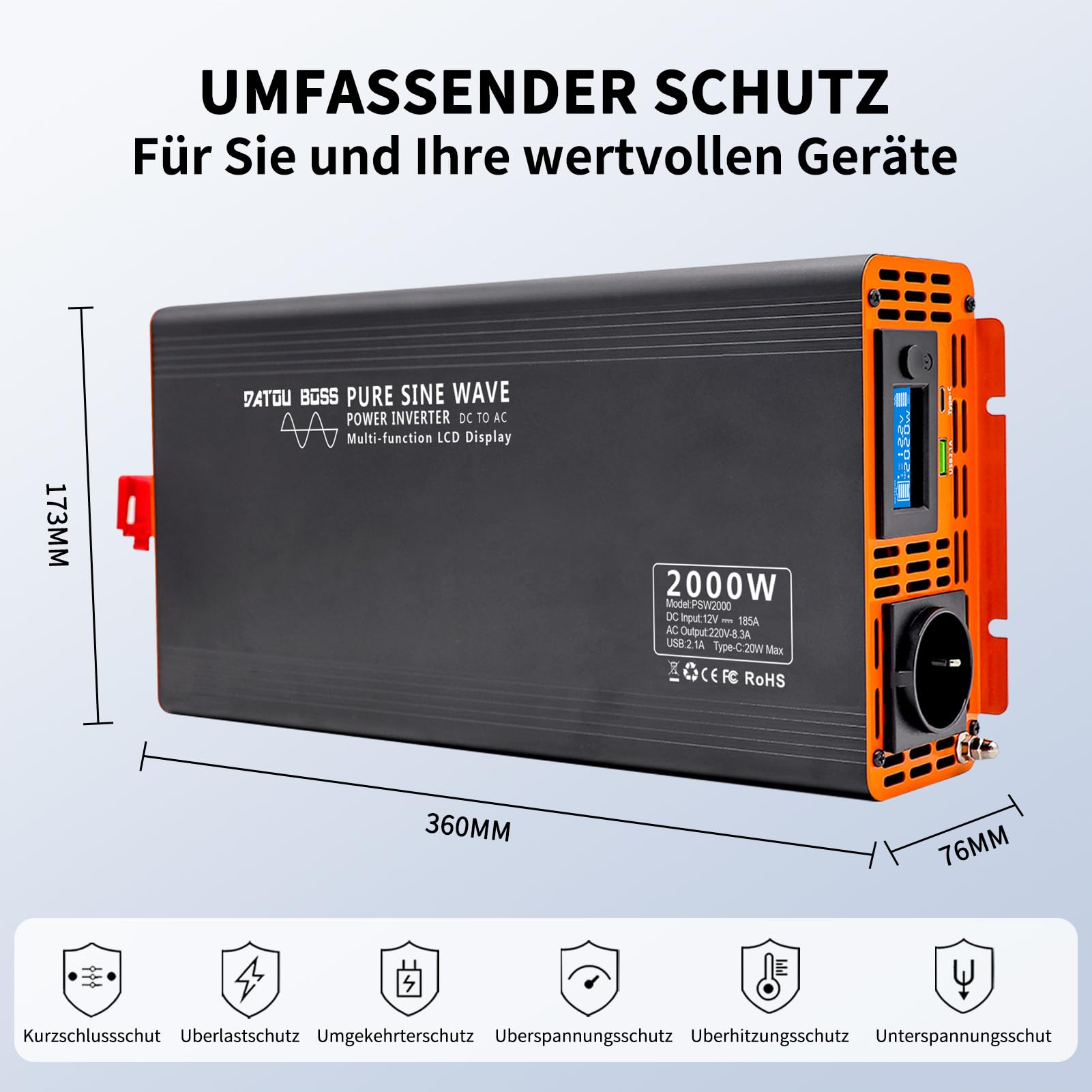 DATOUBOSS Inverter 12V 220V Onda Pura 2000W (4000W Picco) con Telecomando Wireless e Display LCD – Convertitore per Camper, Campeggio, Auto, Barche, Laptop e Frigorifero