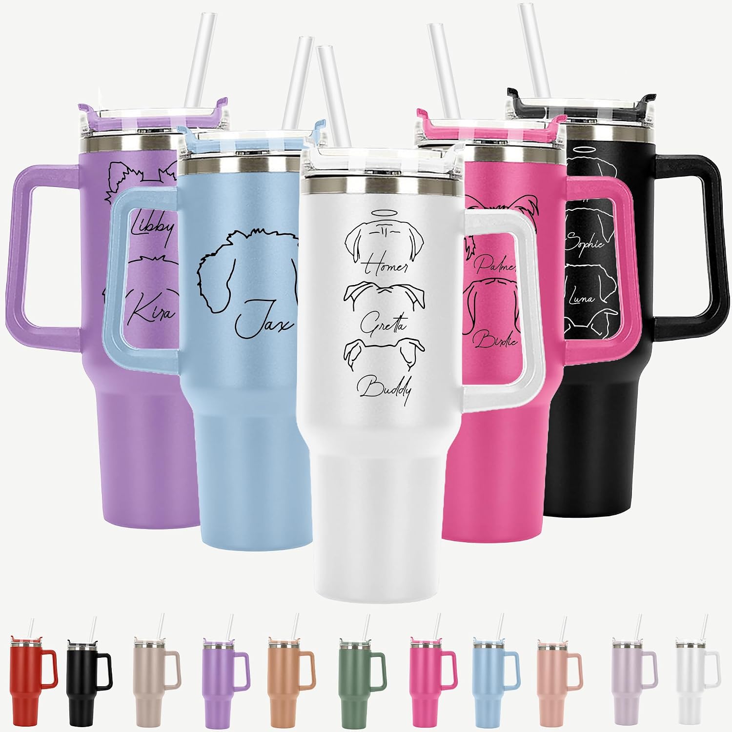 Custom Memorial Dog Personalized Tumbler 40 oz Laser Engraved, Insulated Cup with Handle, Lid and Straw, Custom Dog Ears and Name, Dog Mom Gift For Her, Dog Dad Gift, Dog Ear Travel Mug,Valentine Gift
