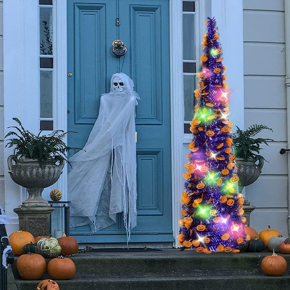 EEX 5ft Black Tinsel Halloween Christmas Tree with Plump Shiny Pumpkin Sequins,Sequin Pensil Tree for Apartment Home Office Store Holiday Decorations with 100 Color Lights,3 Battery Operated 2 Modes
