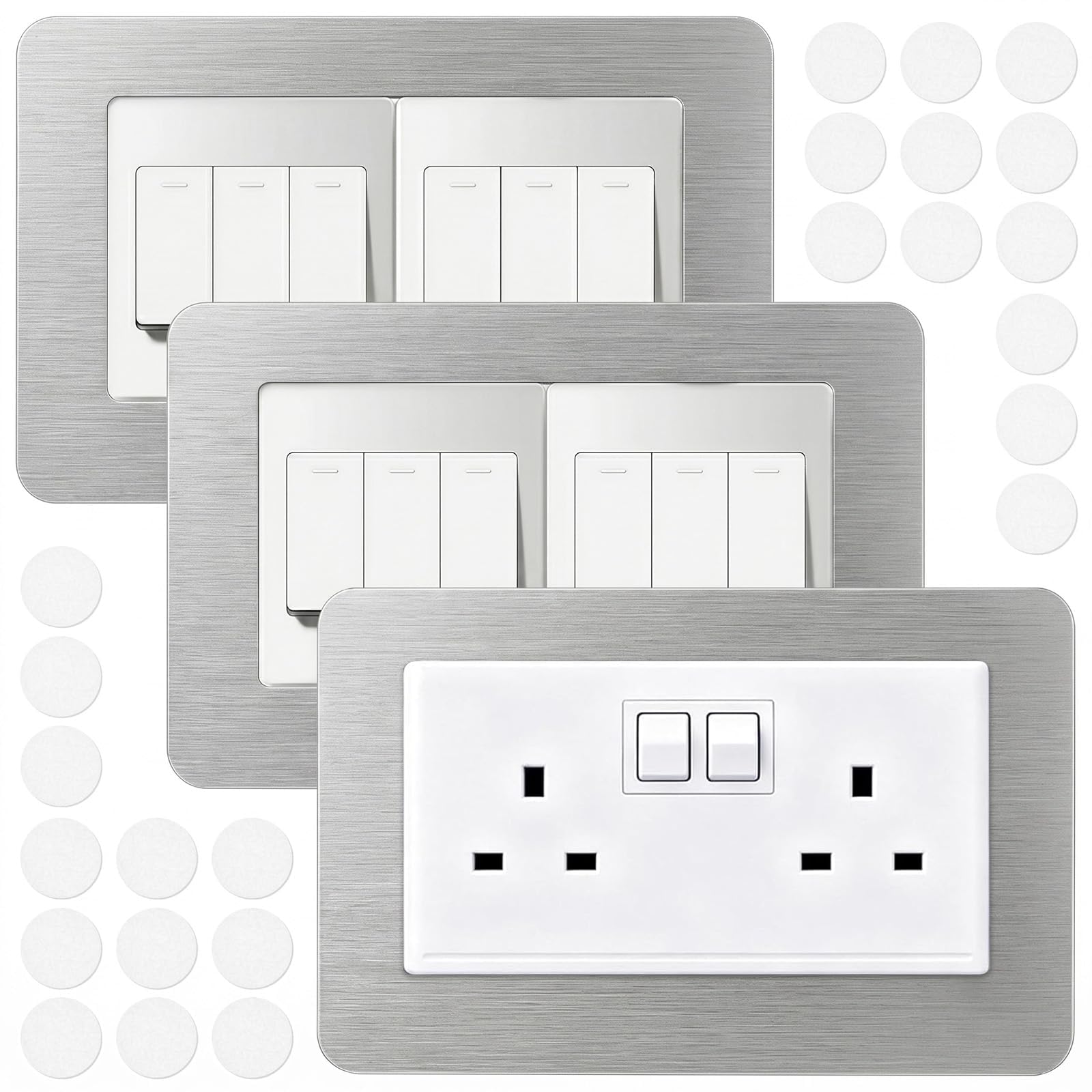 Guttiuaa Sliver 3Pcs Double Plug Socket Surround, Light Switch Surrounds Cover Plates Frame For Wall Sockets And Switches