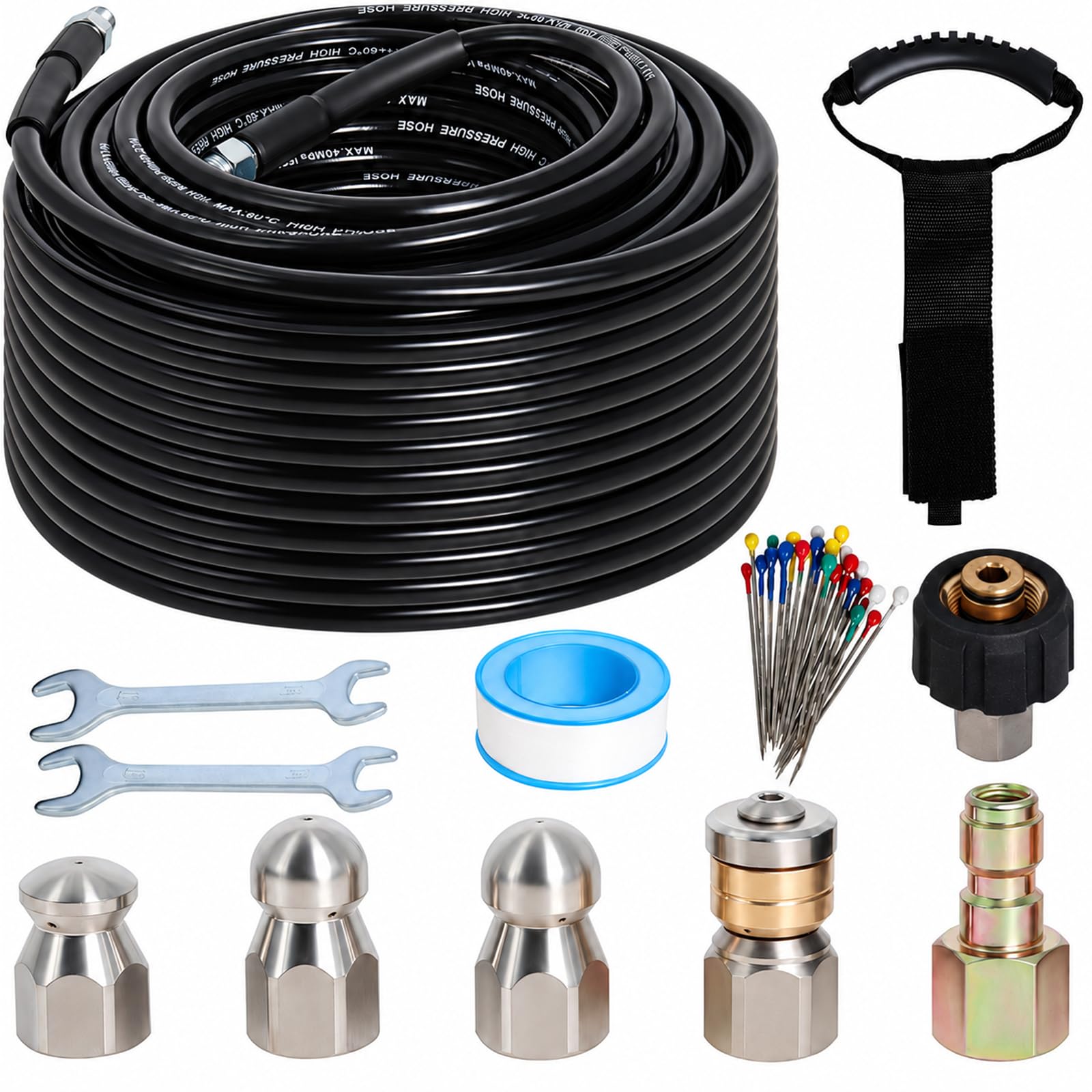 100FT 1/4-In Sewer Jetter Kit, 5800 PSI Pressure Washer Drain Cleaner Hose