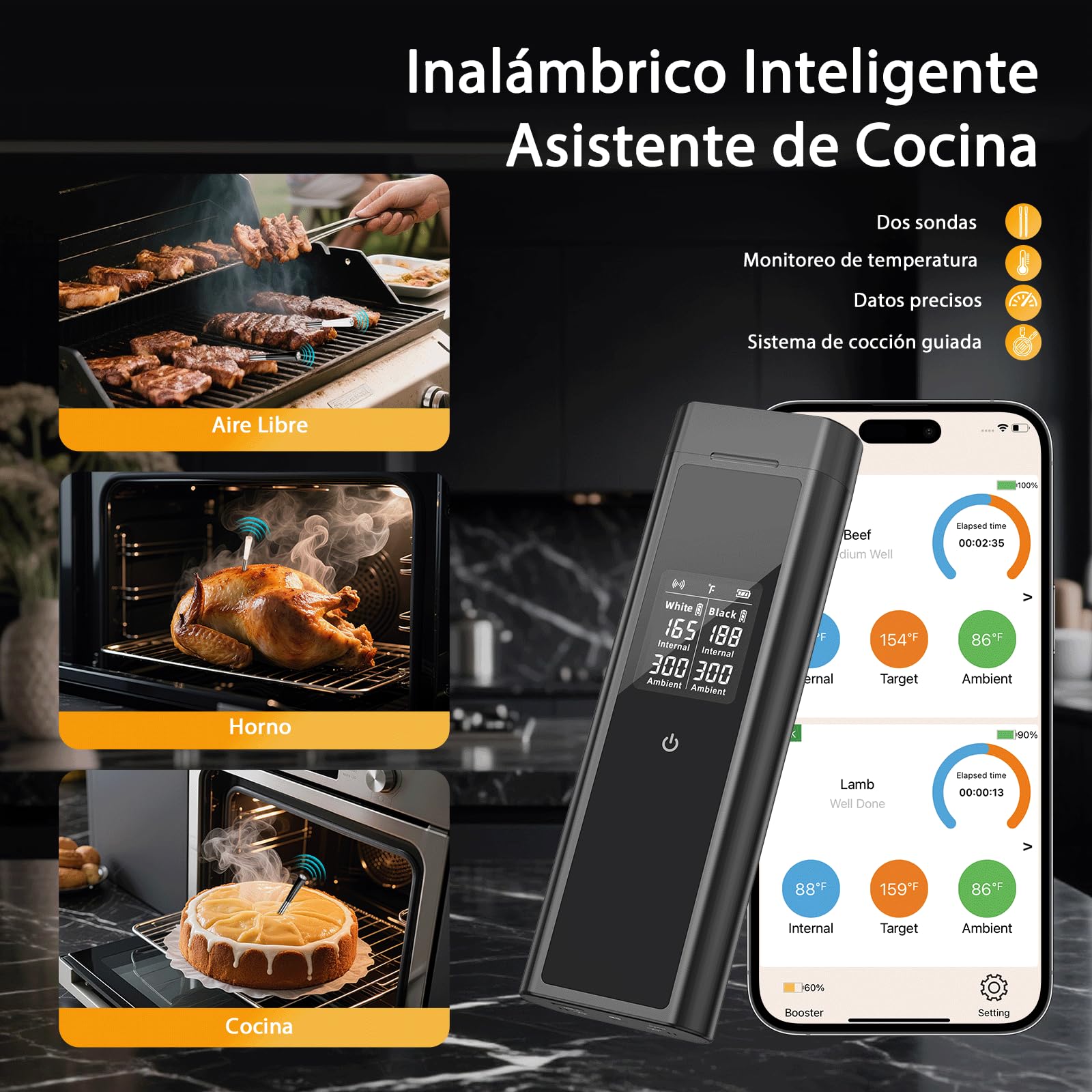 BlueSwan Termómetro de Cocina Inalámbrico con 2 Sondas Aptas para Lavavajillas IP67, Termómetro Digital Inteligente Caja Magnética, 150m Bluetooth App y 9 Modos de Carne, BBQ, Parrilla, Horno, Grill