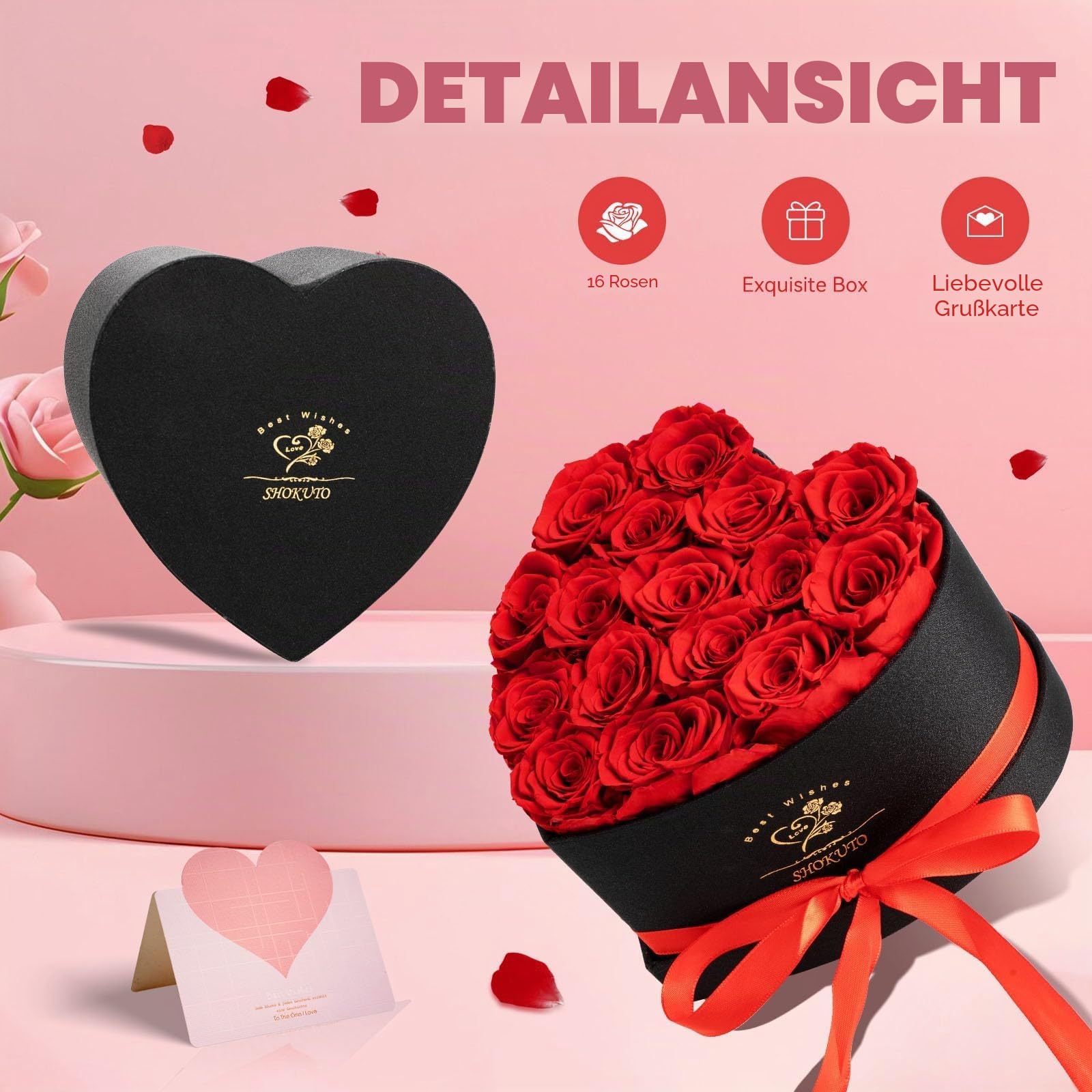 16 Stück Ewige Rosen in Herzbox Rosen - Ewige Blumen-Geschenkbox Geschenke für Frauen zum Valentinstag, Muttertag, Weihnachten, Geburtstag, Hochzeitstag (Rot)