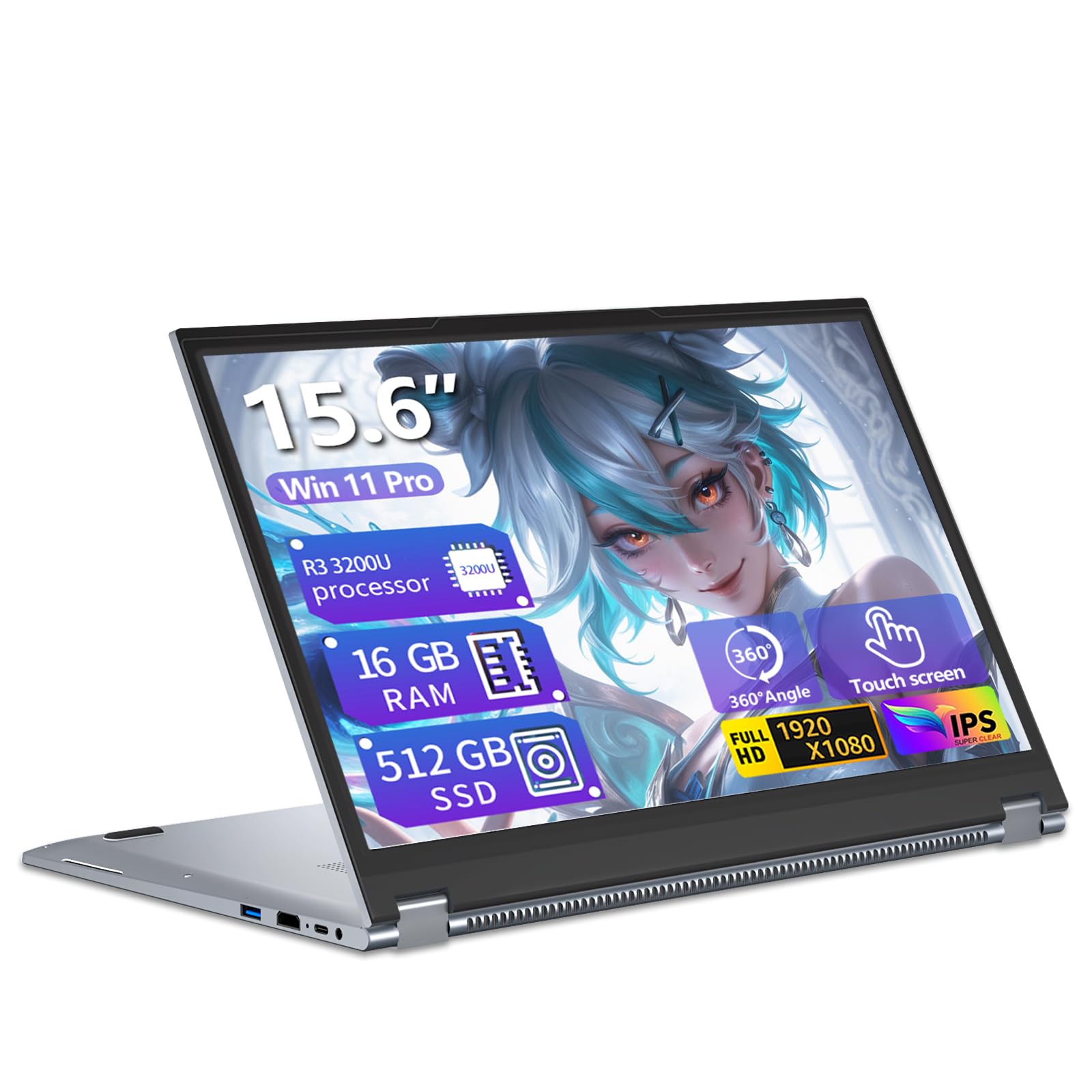 15,6 Pulgadas Ordenador Portátil 2 en 1 Pantalla Táctil, Win 11 PC Portátil con Ryzen 3 3200U procesador, Laptop 16GB RAM 512GB SSD, Computadora Portátil 360° Pantalla Táctil 1080P FHD IPS Type-C RJ45