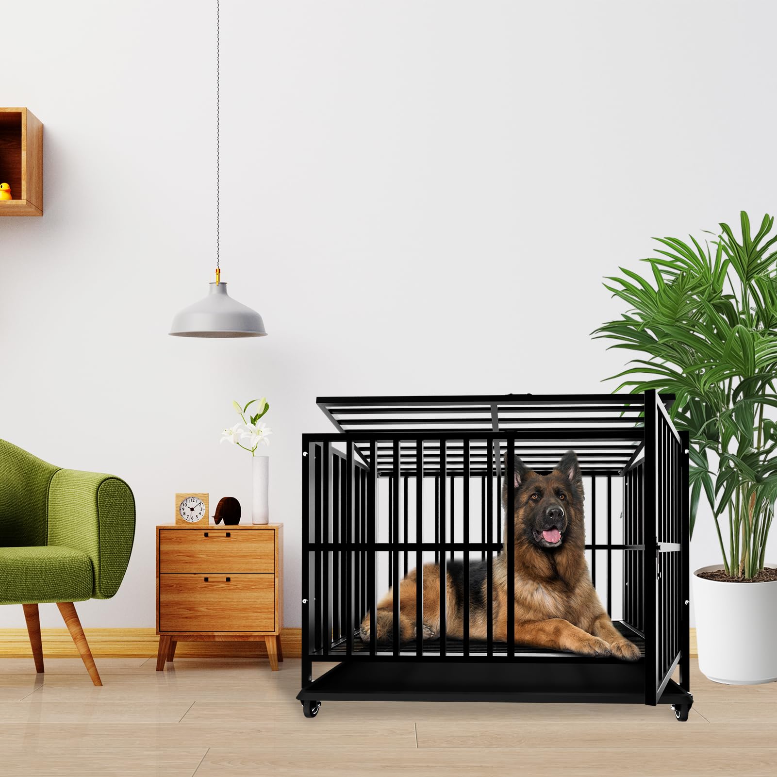 Grande gabbia per cani, canile indistruttibile per cani in acciaio legato resistente con ruote bloccabili, doppia porta e serrature robuste(Grande)