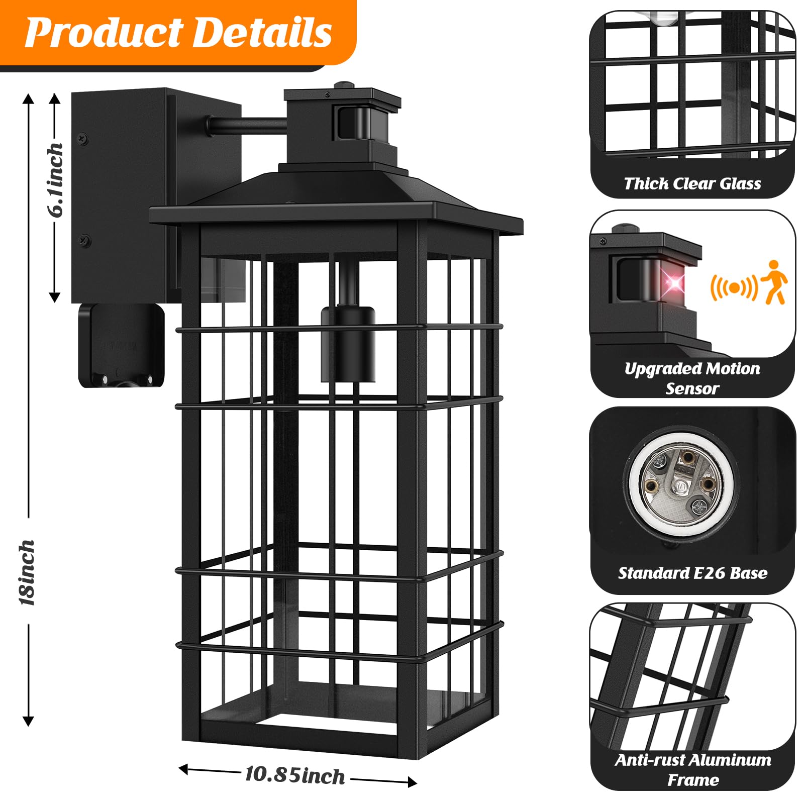 Lampada da parete per esterni con sensore di movimento di grandi dimensioni, 45,7 cm, con prese GFCI, luce da parete per esterni, colore nero, 3 modalità di illuminazione, impermeabile, per esterni