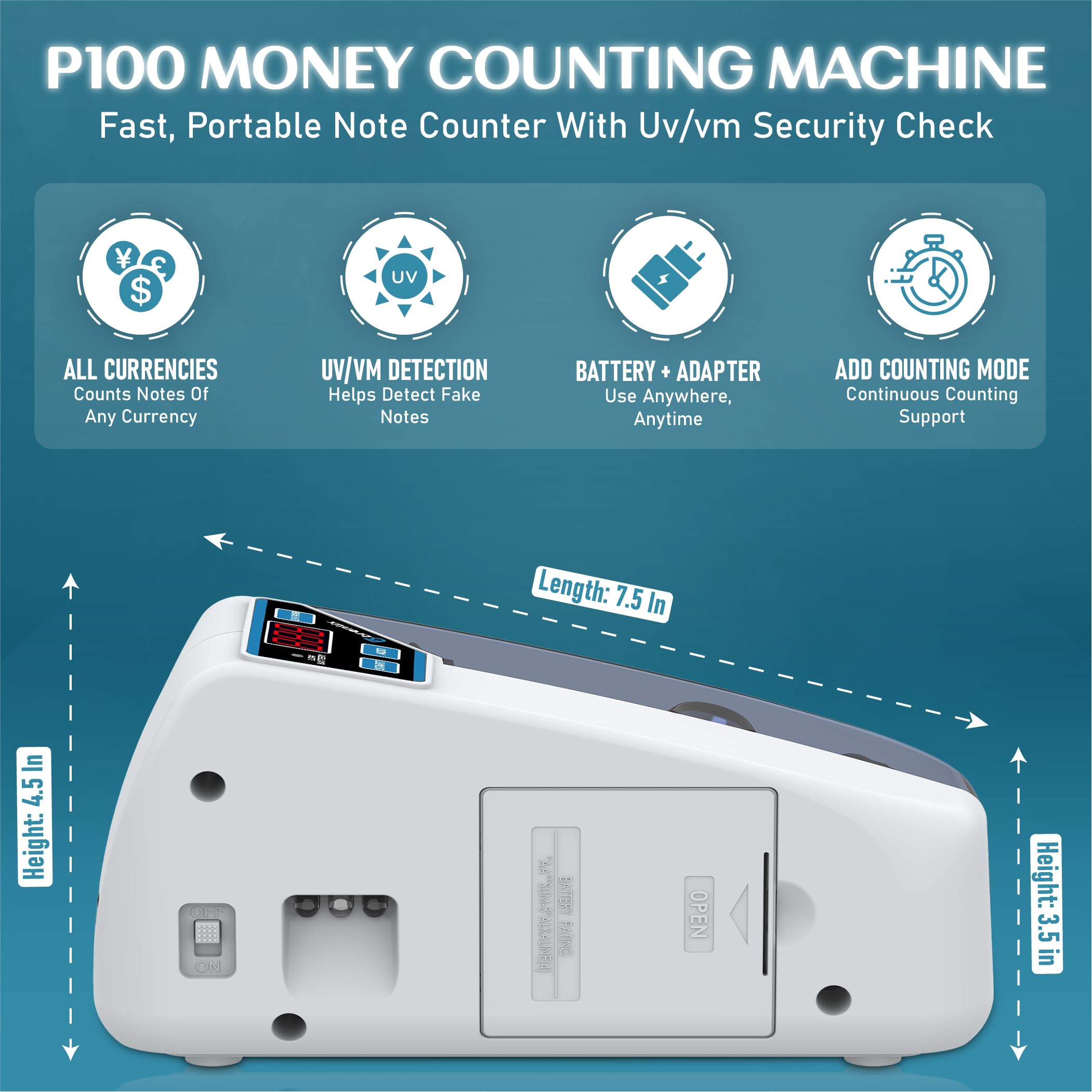 BRONTIX P-100 Money Counting Machine Mini | LED Display Note Counting Machine Cash Counter Machine Mini with UV/WM Detection, Auto Shut-Off Currency Counting Machine for Home (Portable Bundle) 1