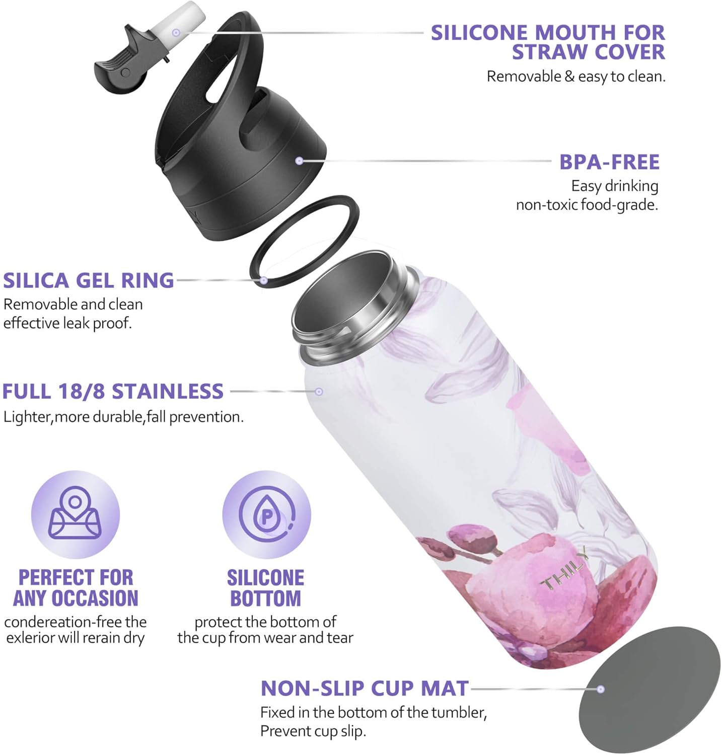THILY Stainless Steel Water Bottle - 32 oz Vacuum Insulated Sports Flask with 2 Lids and Straws, Leakproof and BPA-Free. Keep Drinks Hot for 12 Hours or Cold for 36 Hours. Elegant Lotus Design.