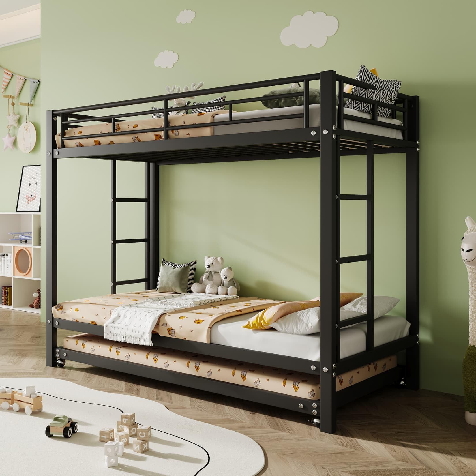 PUGSDRLY Lit Superposé 90x200cm avec Lit Gigogne 90x190(C-Noir) | Sommier à Lattes Solide,Structure Métallique,Escalier,pour Garçons Filles,Sans Matelas