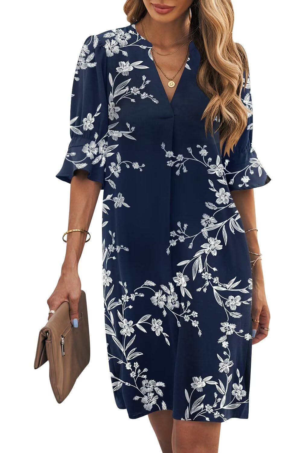 Wkior Shift Dress for Women V Neck Short Sleeves Solid Color Casual Flowy Summer Dresses(S-2XL)