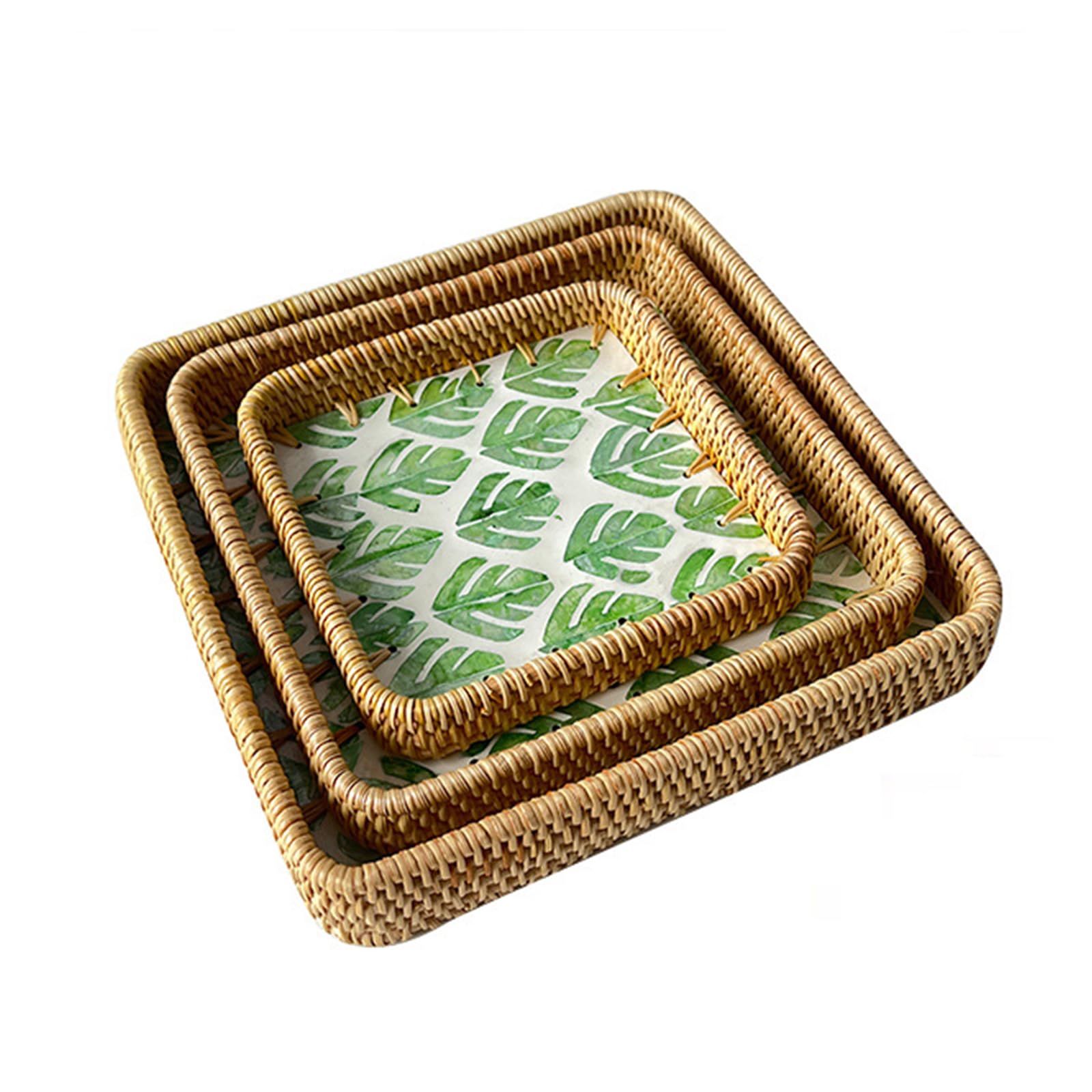 RUDHSJNJK 3 Pack Square Rattan Serving Tray with Mother of Pearl Inlay Decorative Wicker Tray for Coffee Bread Fruits Food Storage Display,2