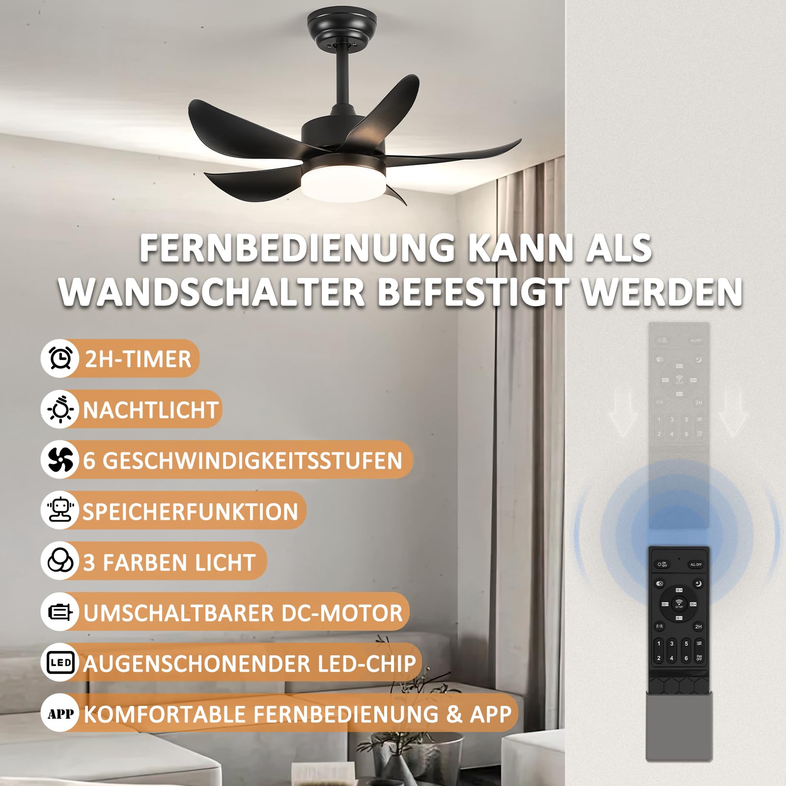 Smarter 76cm Deckenventilator Schwarz mit Beleuchtung & Fernbedienung, umkehrbarer Lauf, geräuschlos, 6 Stufen + Timer. Geeignet für Schlafzimmer, Wohnzimmer, Küche, Innenräume und Terrassen.