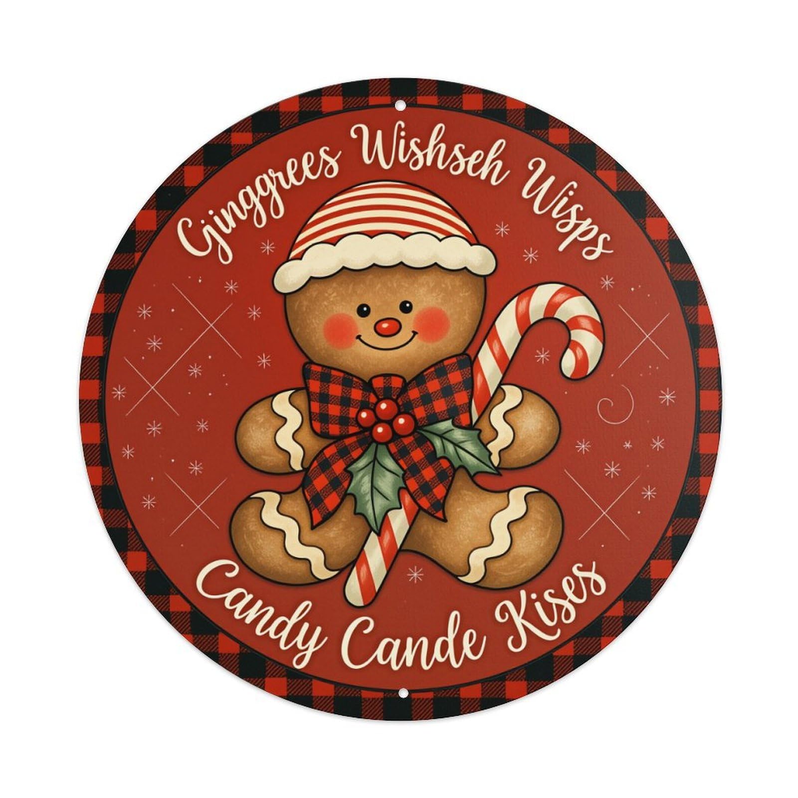 Gingerbread Man With Candy Cane Round Tin Sign Vintage Style Metal Sign Home Bar Garden Wall Plaque Decor Metal Poster 8x8 Inch