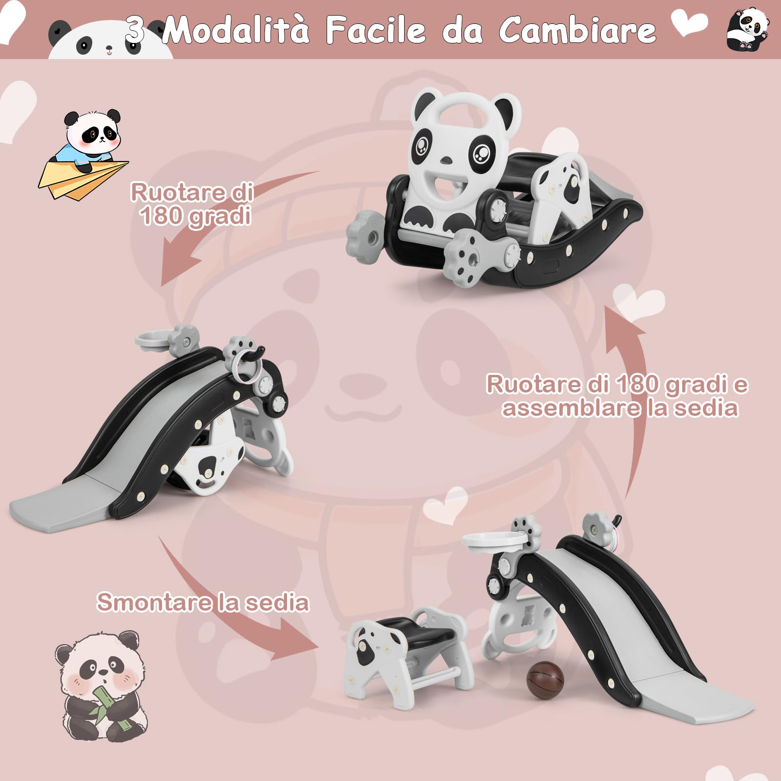 RELAX4LIFE 5 in 1 Set Cavallo a Dondolo con Scivolo e Canestro da Basket e Palla e Lancia di Anelli, Struttura Stabile con carico di 60 kg, 105 x 72 x 57 cm (Modello 4 NERO)