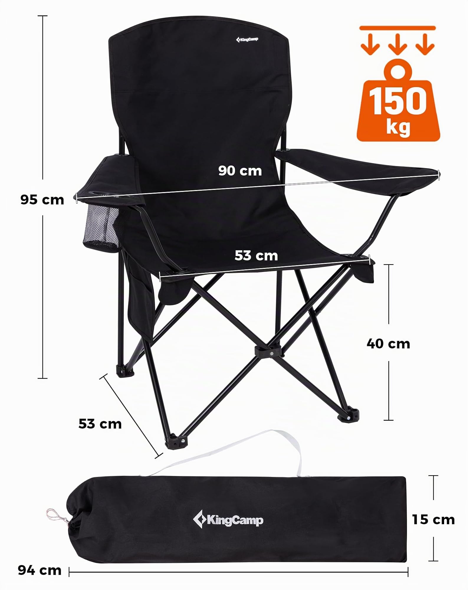 KingCamp Silla de Camping Plegable Ergonómica Acolchada 150 kg | Con Portavasos, Bolsillo Lateral, Solo 2,8 kg, Tamaño Compacto 15×15×93 cm para Camping, Jardín, Pesca y Exterior