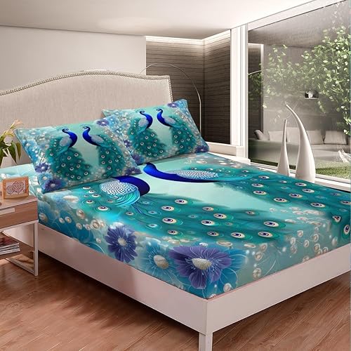 Miniatura 2 de Sábanas bajeras de pavo real, bohemias, pájaros exóticos, animales, plumas azul marino, verde azulado, floral, fresco, natural, bolsillo profundo, 4