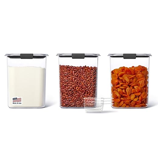Rubbermaid Brilliance BPA-Free Food Storage Containers with Lids Airtight Kitchen and Pantry Organization Set Includes 3 Containers and Scoops Clear 16 cups