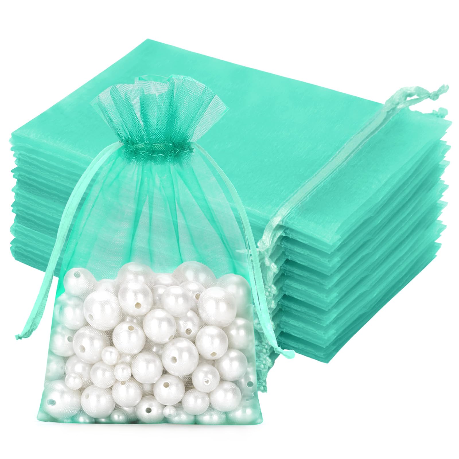 jijAcraft Türkis Groß Organzasäckchen 13x18cm: Organza Beutel mit Zugban für Hochzeit, 50 Stück Tüll Schmucksäckchen, Tüllsäckchen zum Befüllen für Seifen, Süßigkeiten, Kosmetikprodukte