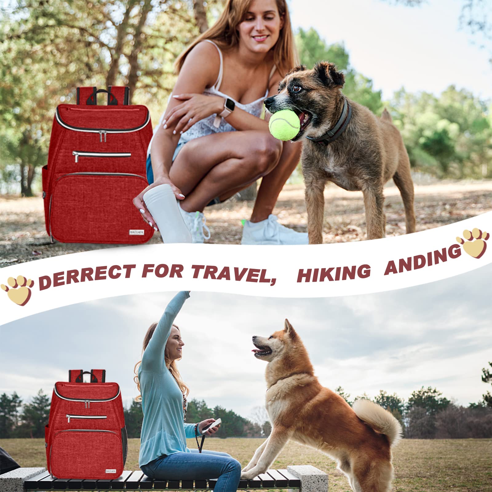 BAGLHER Sac à dos de voyage pour chien, approuvé par les compagnies aériennes, sac à dos de voyage pour chien avec 2 gamelles pliables en silicone et 2 paniers alimentaires (rouge)