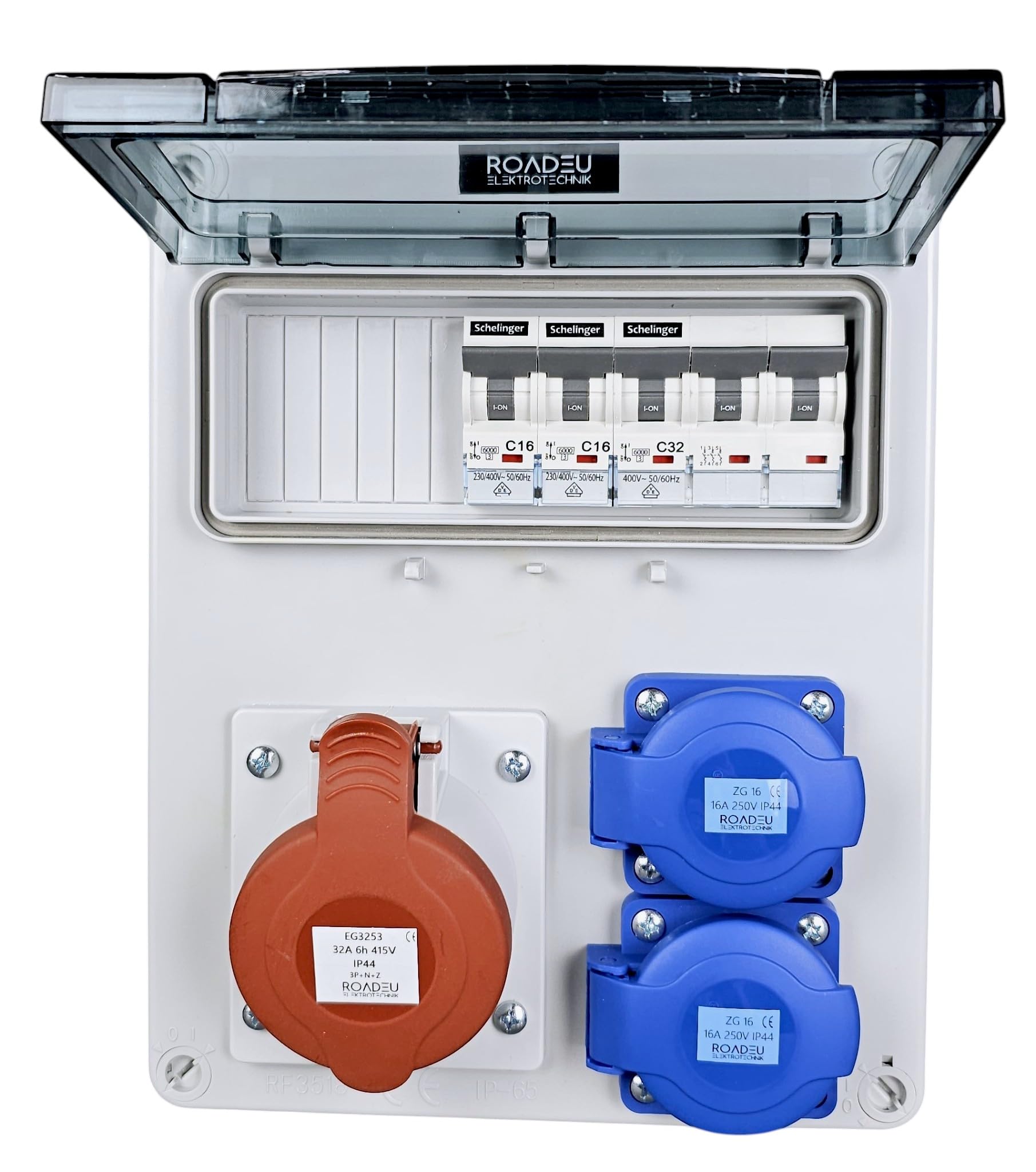 RoadEu Cuadro CEE 400V IP44 con CEE 32A y 2 tomas Schuko | Magnetotérmicos C32A 3P y C16A 1P VDE, cableado 6 mm² / 2,5 mm², precableado