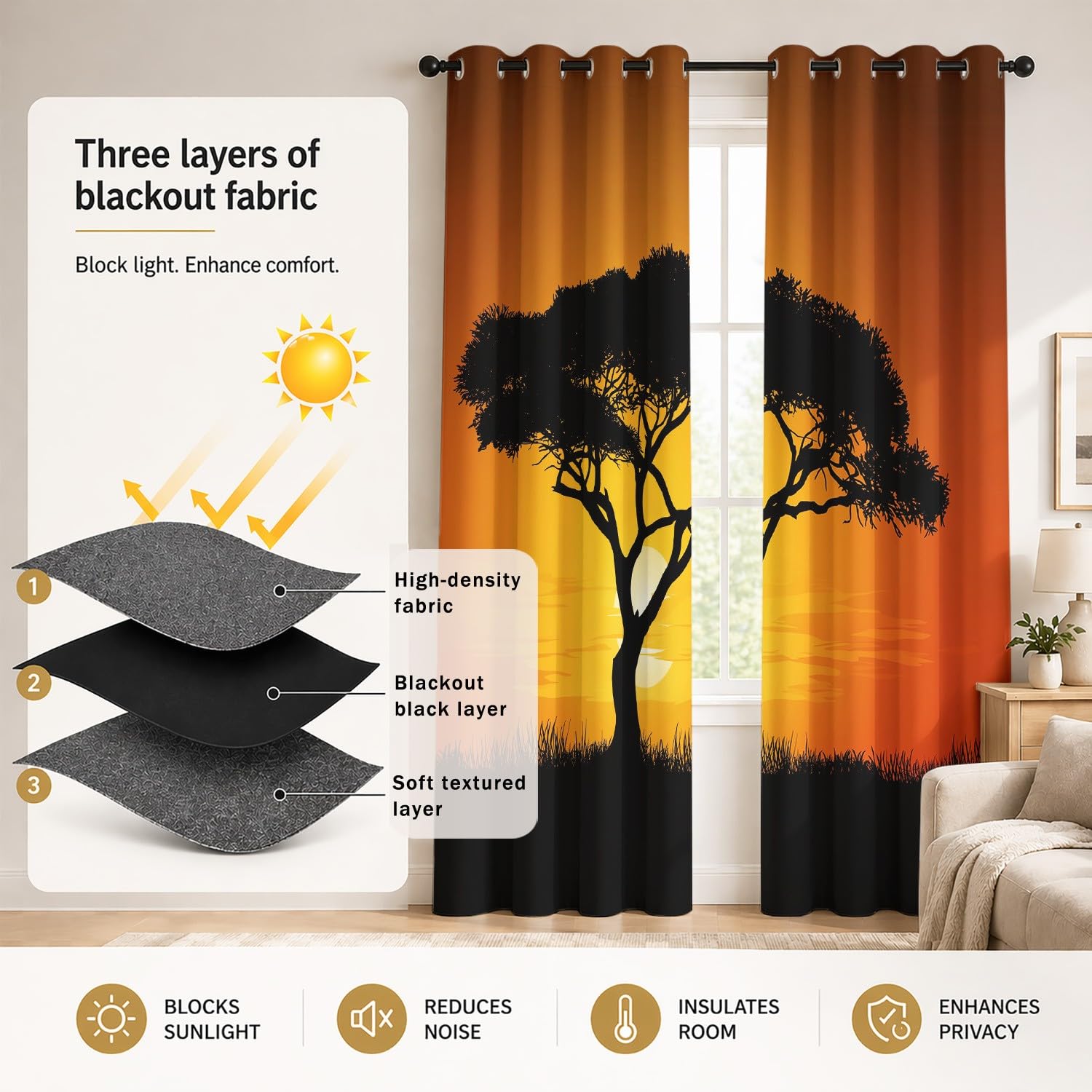 Generisch Bäume, Sonnenuntergang, Orange Vorhang Blickdicht 2er-Set B 91.5 x H 214 cm Minimalistische Silhouette, Weit, Ösen-Gardinen, Thermo-, Kälte- & Lärmschutz