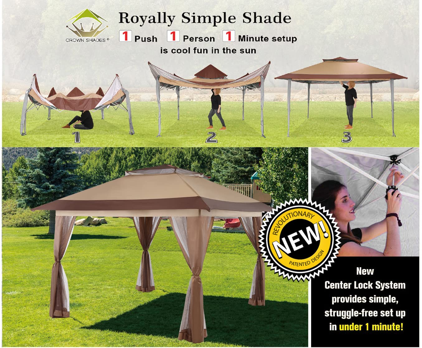 CROWN SHADES 13x13 Canopy Pop up Gazebo Canopy, Patented One Push Tent