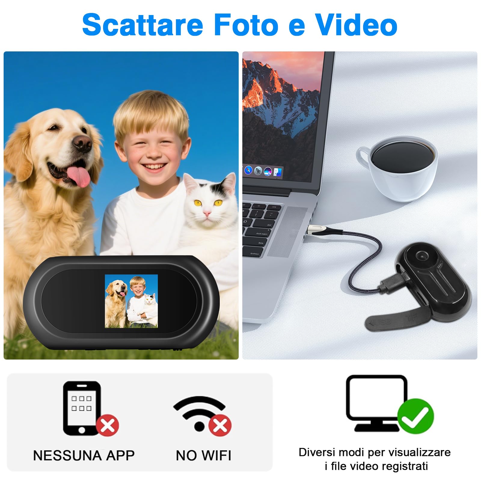 Action Camera, Mini Telecamera d'azione HD 1080P | Action Camera da Casco Sportivo a 120° con Schermo Magnetico e Display, Visione Notturna Automatica, Registrazione in Loop