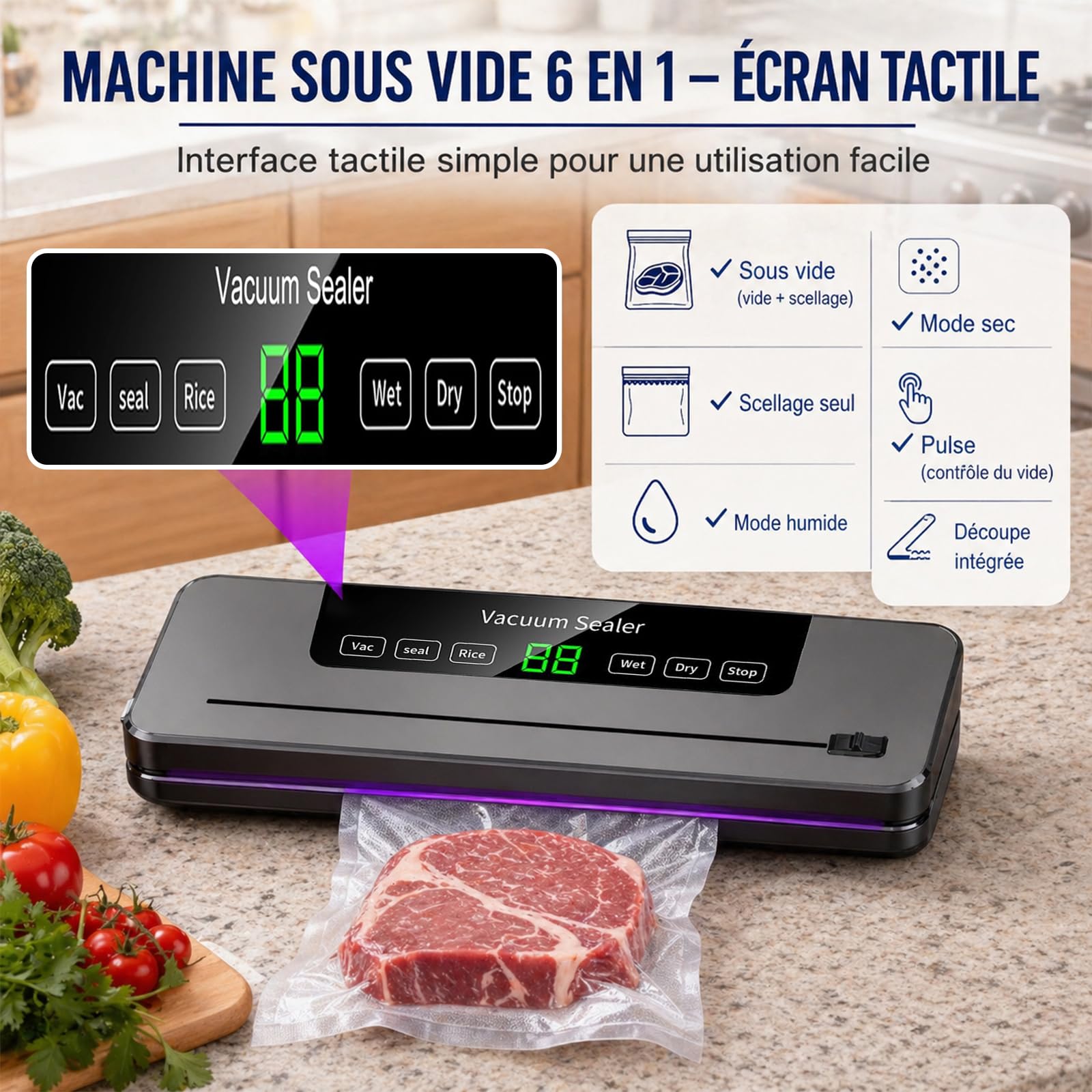 Machine Sous Vide Alimentaire, Avec 50 Sacs Sous Vide, Appareils de Mise Sous Vide Multifonction 5 en 1, Avec Mode Humide et sec pour Stockage de Fruits, Légumes, Pain, Viande, etc.