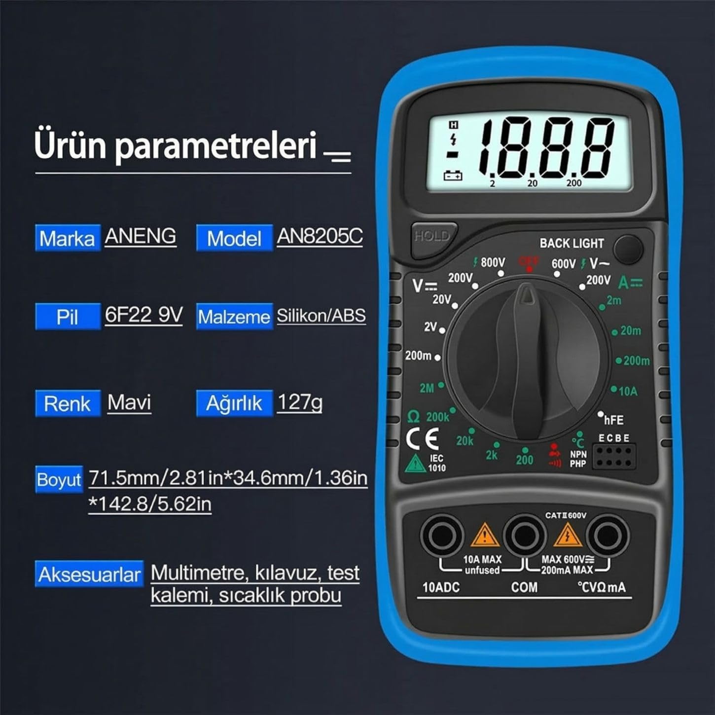 Orret Home LED Ekranlı Dijital Multimetre Ölçü Aleti, Işıklı Ekranlı Elektrik Akım Ölçer, Silikon Kılıflı Açılabilir Ayaklı Multimetre, Voltmetre Ampermetre Ohmmetre Elektrik Test Cihazı