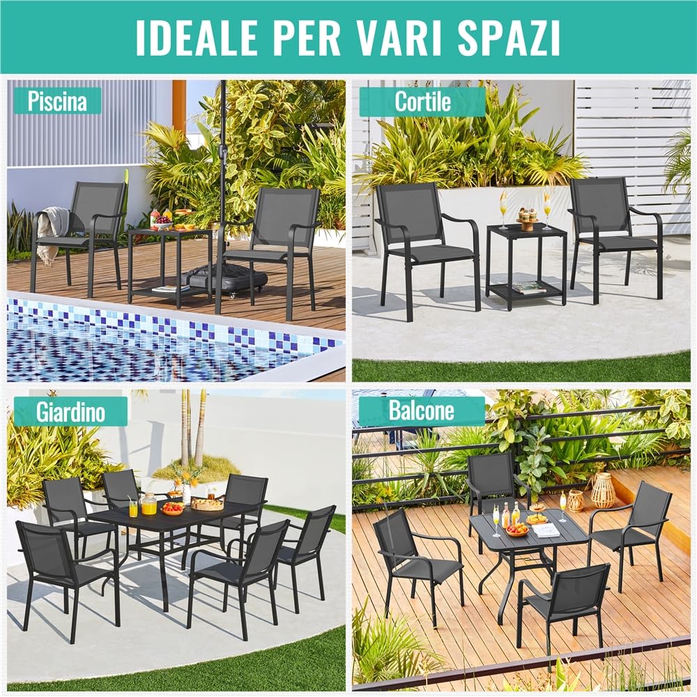 Yaheetech Set di Sedie da Esterno Impilabili con Schienale Braccioli Poltrona da Giardino in Tessuto Textilene per Terrazza Balcone Veranda Piscina Nero