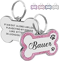 Personalized Glitter Bone Dog Tags - Custom Engraved Stainless Steel Pet ID Tags for Dogs Cats Puppies (Pink Small)