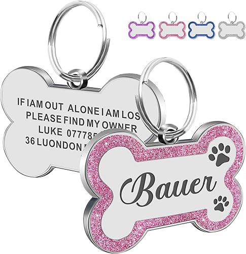 Etiquetas para perro grabadas para mascotas, etiqueta para perro personalizada con cualquier nombre y texto, collar de perro con purpurina, etiqueta
