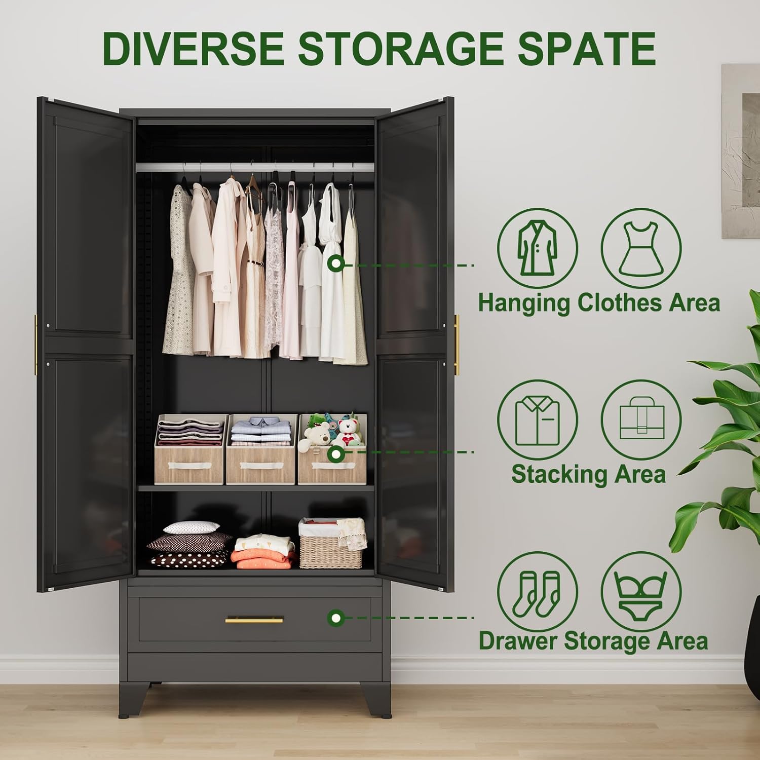 Image showing the interior of the wardrobe with different storage areas labeled: Hanging Clothes Area, Stacking Area, and Drawer Storage Area.
