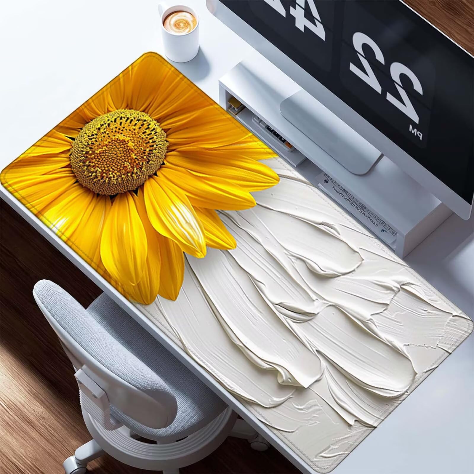 Podkładka pod mysz z motywem słonecznika, XXL, 1200 x 600 mm, wodoodporna, podkładka na biurko, biała, gamingowa podkładka pod mysz, zszyte krawędzie, akcesoria gamingowe, antypoślizgowa gumowa