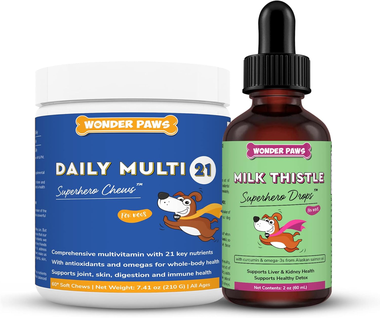 WONDER PAWS Daily Multivitamin Chews Plus Milk Thistle Drops - for Dog Immune Support, Heart Health, Liver, Detox & Overall Wellness - Multivitamin 60 Chews - Milk Thistle 2 Ounces
