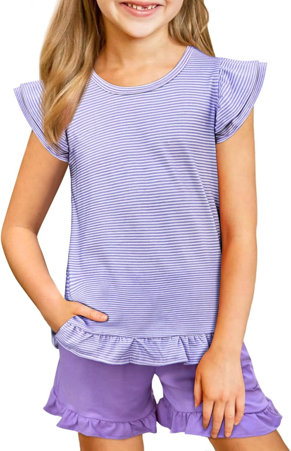 Yousify Girls 2 Piece Short Sets Kids Summer Outfit Flutter Sleeve Shirts Ruffle Short Sleeve Top and Shorts with Pocket