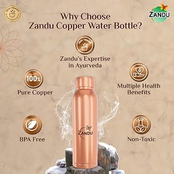 Zandu Copper Bottle (950ml): 100% Pure Copper |BPA Free Water Bottle | Copper Infused Water | Leak Proof | Office Bottle | Ayurveda Inspired
