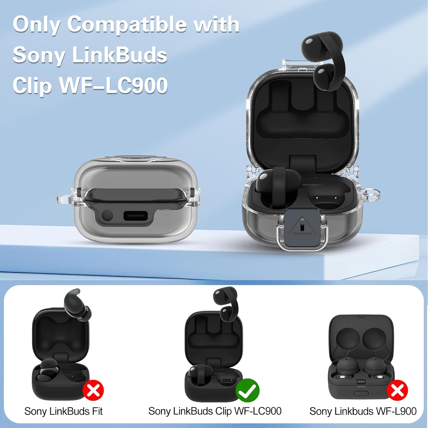 [with Safety Lock] POZCIS for Sony LinkBuds Clip (WF-LC900) Case Cover, Clear Soft TPU Protective Earbuds Case Cleaning Kit & Carabiner Accessories Set(Clear)