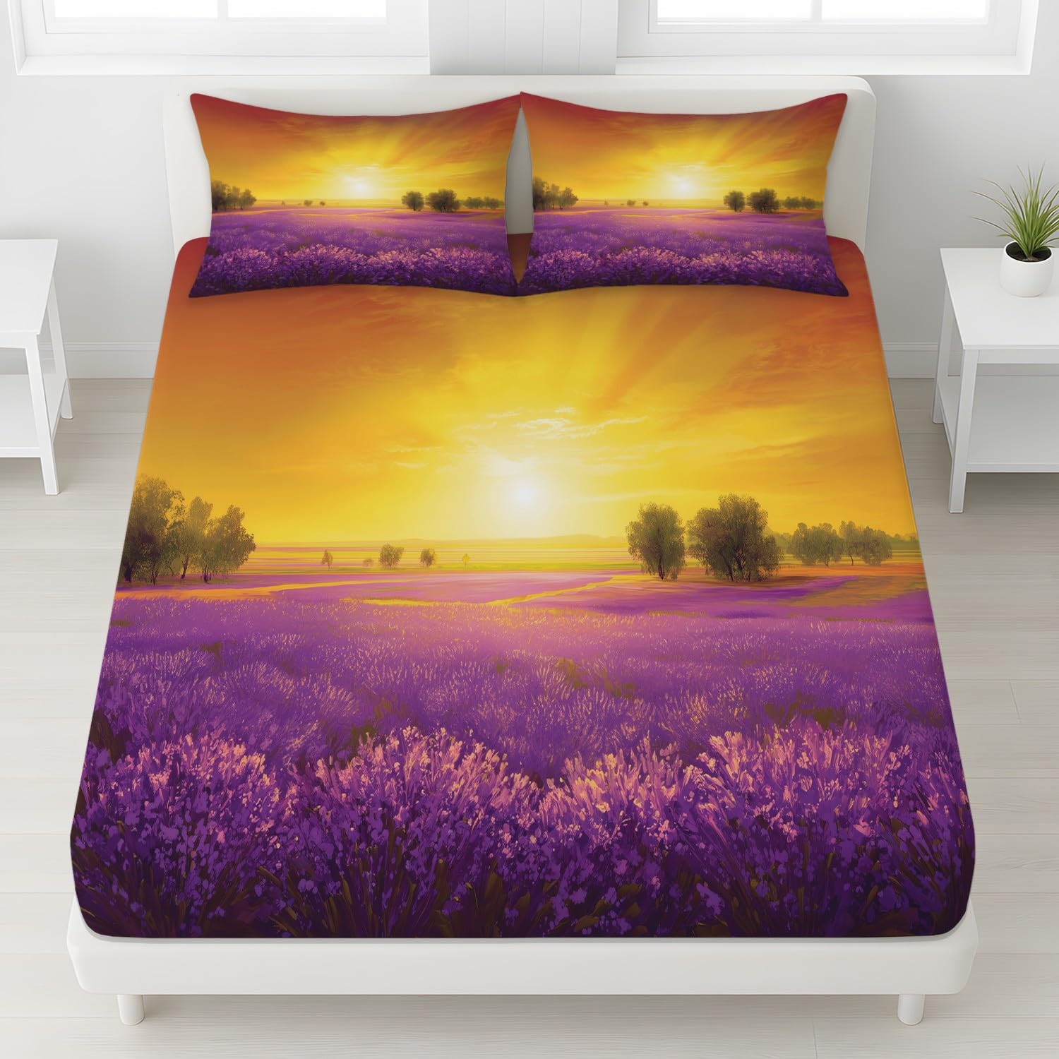 Lavendel Feld Spannbetttuch Landhaus Sonnenuntergang Lila Blumenfeld Spannbettlaken 140 x 200 x 30 cm 3teilig Mikrofaser Bettwäsche Set mit 2 Kissenbezüge 80 x 80 cm Kein Flachbettlaken
