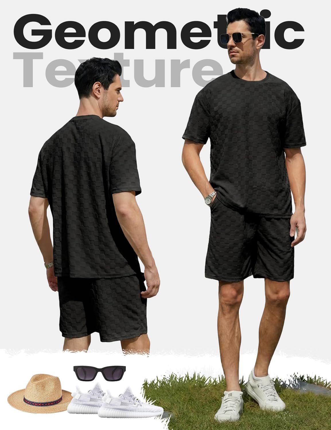 Yimoon Mens 2 Piece Outfits Casual Geometric Texture Short Sleeve Shirt and Shorts Set Summer Tracksuits - Image 5
