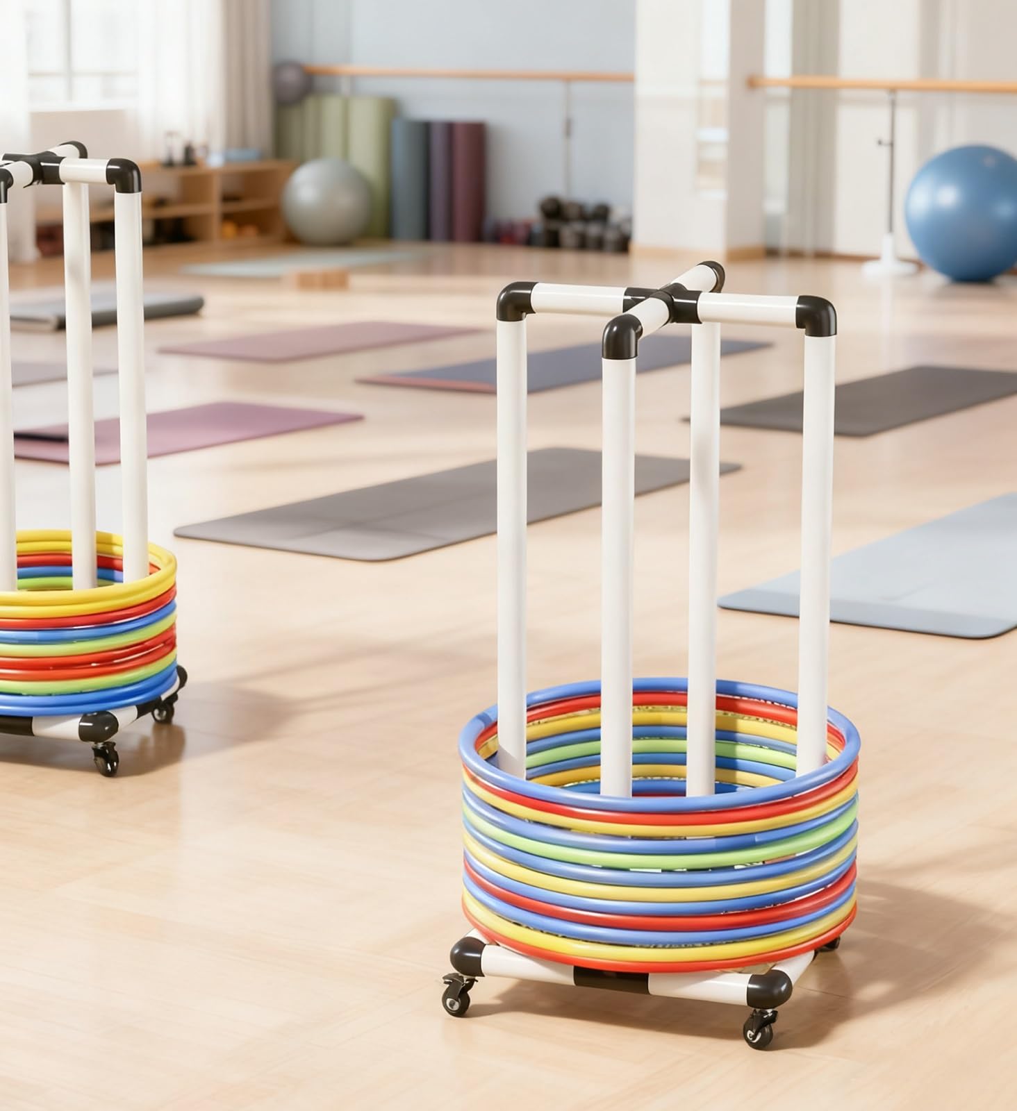 Hula Hoop Uchwyt na kółkach Hula Hula, łatwy w montażu organizer z PVC z kółkami, wózek do przechowywania do jogi i siłowni.