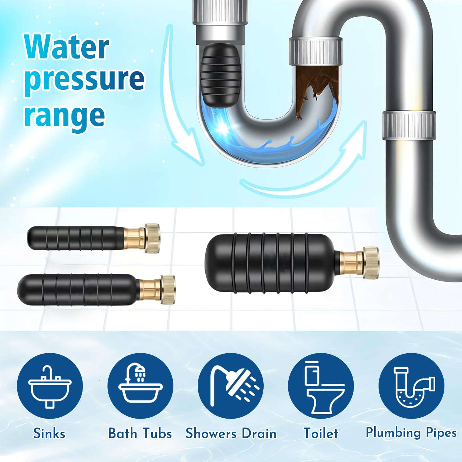 Deboucheur Canalisation, Débouche canalisations Kit Déboucheur à Eau Sous Pression pour 25 à 152 mm Débouche Goutières, Toilettes et Tuyaux﻿ (Lot de 3)